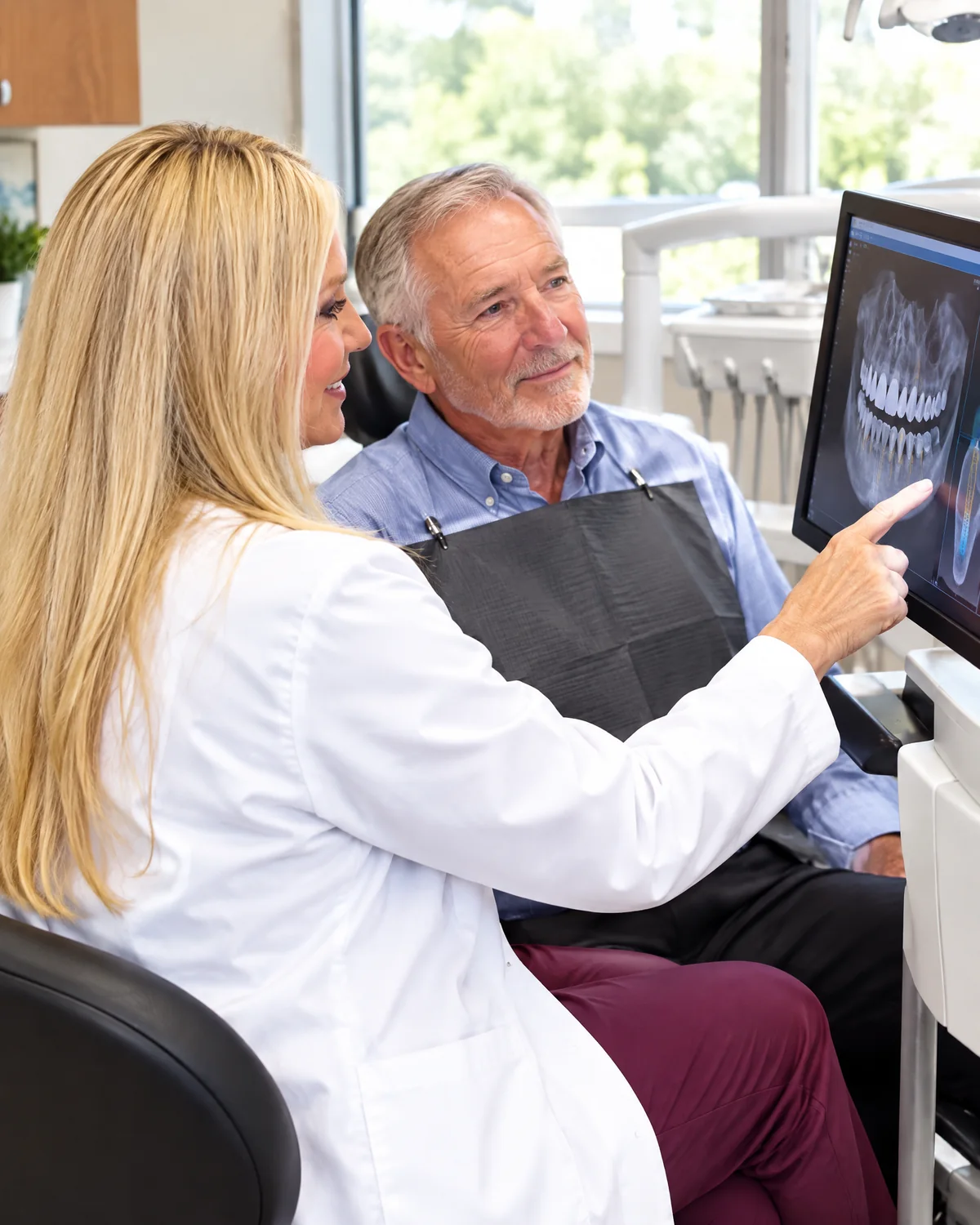 Over-the-shoulder view of Dr. Beatrice Stark reviewing a dental scan with an older man
