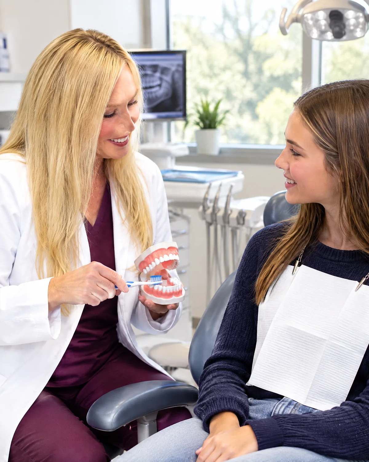 Side view of Dr. Beatrice Stark demonstrating preventive care to a teenage patient