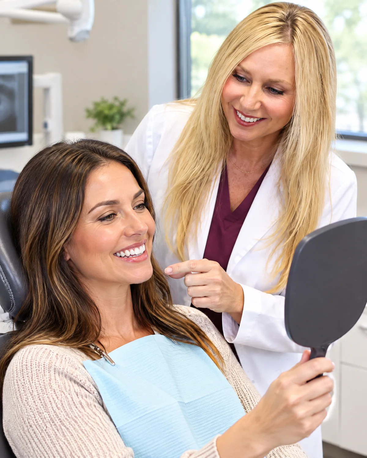 Dr. Beatrice Stark evaluating a woman’s smile from a three-quarter angle