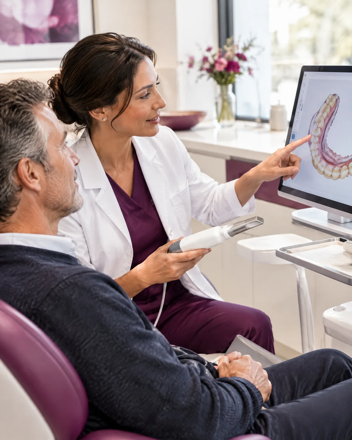 Dentist reviewing a digital 3D tooth scan with a patient